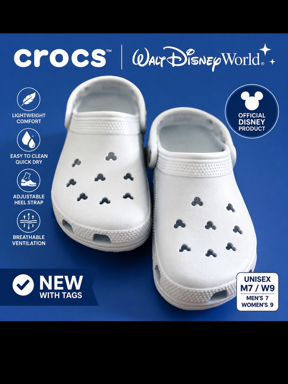 Crocs Disney Parks 2026 Mickey Mouse Icon Powder Blue Adult MENS 7 WOMENS 9 NWT